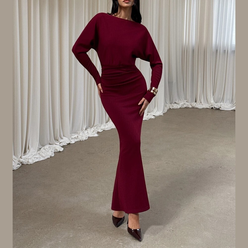 Burgundy Ribbed Knit Boat Neck Dolman Sleeve Mermaid Maxi Dress